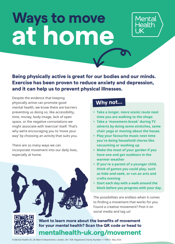 Poster of ways to move at home for mental health awareness week