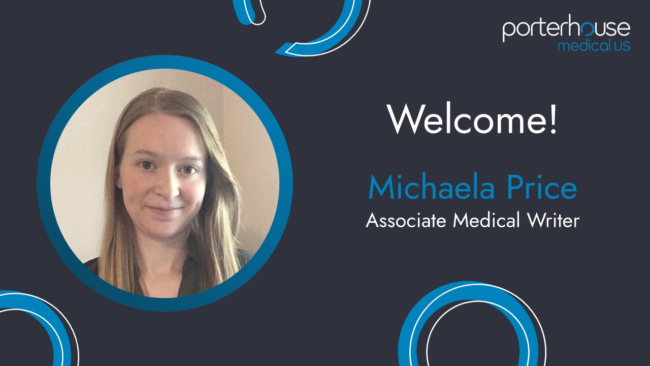 Welcome image with photo of new female medical writer at Porterhouse Medical US